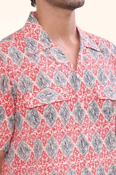 Shop_Prima Czar_Red Seersucer Print Floral Motif Shirt_Online_at_Aza_Fashions