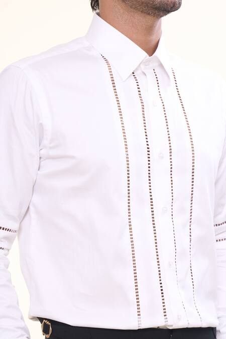 Prima Czar_White Cotton Embroidery Geometric Cut Out Shirt_Online_at_Aza_Fashions