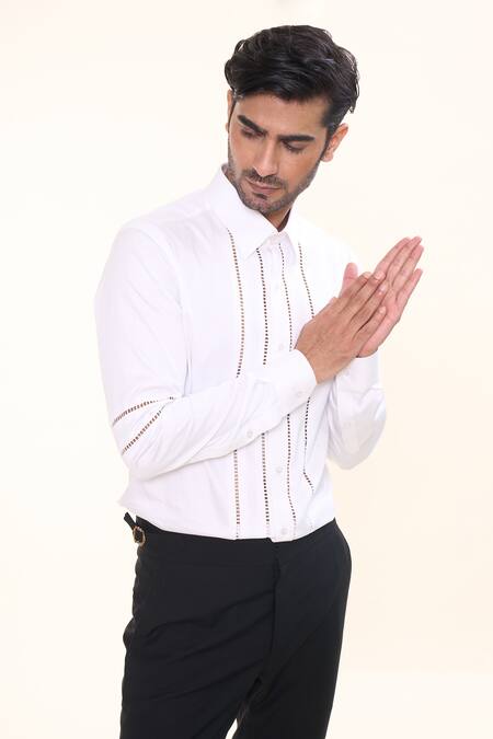 Prima Czar_White Cotton Embroidery Geometric Cut Out Shirt_at_Aza_Fashions