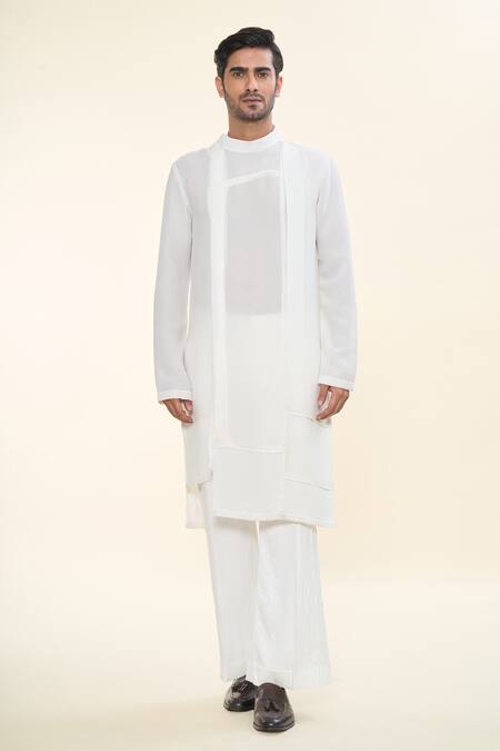 Prima Czar_White Seersucer Textures Asymmetric Layered Kurta With Pant_Online_at_Aza_Fashions