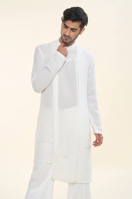 Shop_Prima Czar_White Seersucer Textures Asymmetric Layered Kurta With Pant_Online_at_Aza_Fashions