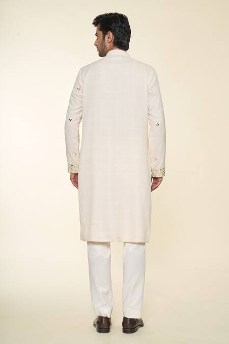 Shop_Prima Czar_Ivory Blended Fabric Embroidery Mirror Kurta_at_Aza_Fashions