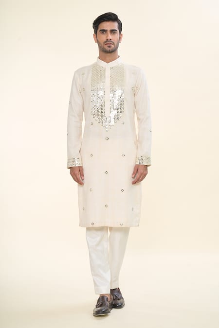 Prima Czar_Ivory Blended Fabric Embroidery Mirror Kurta_Online_at_Aza_Fashions