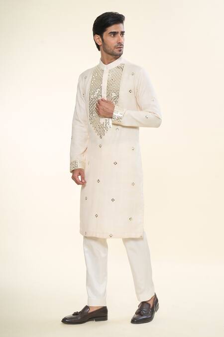 Buy_Prima Czar_Ivory Blended Fabric Embroidery Mirror Kurta_Online_at_Aza_Fashions