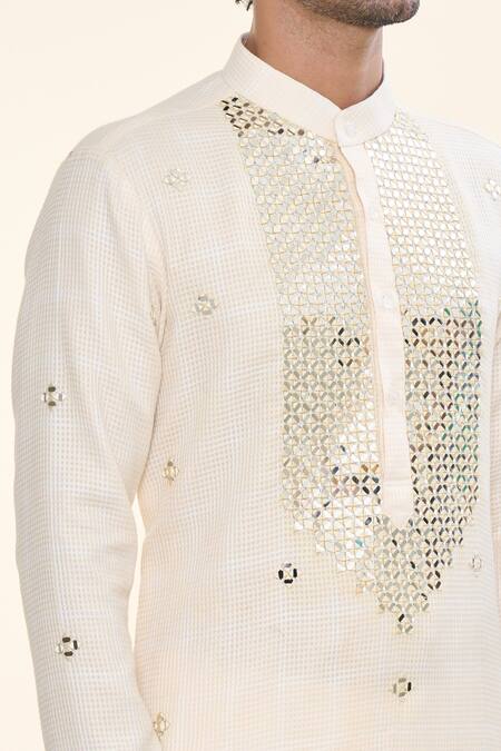 Shop_Prima Czar_Ivory Blended Fabric Embroidery Mirror Kurta_Online_at_Aza_Fashions