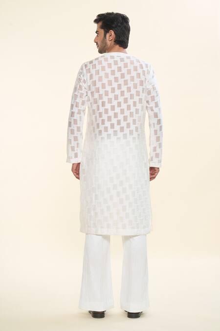 Shop_Prima Czar_White Viscose Blend Textures Geometric Angrakha Kurta_at_Aza_Fashions
