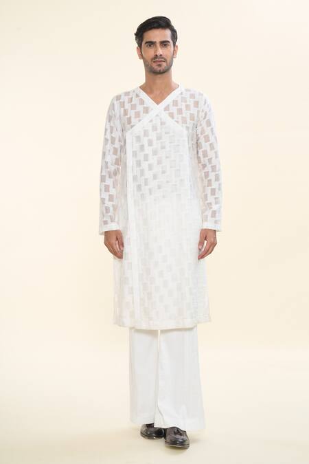 Prima Czar_White Viscose Blend Textures Geometric Angrakha Kurta_Online_at_Aza_Fashions