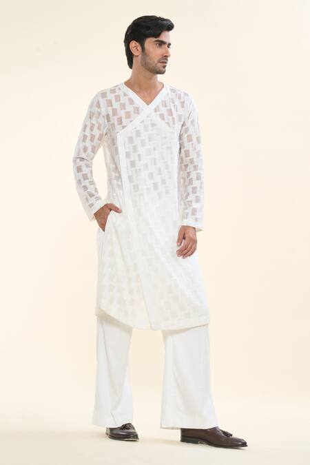 Buy_Prima Czar_White Viscose Blend Textures Geometric Angrakha Kurta_Online_at_Aza_Fashions