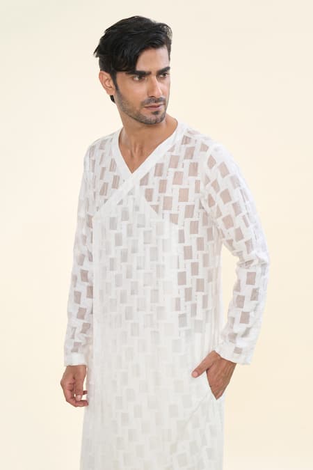 Shop_Prima Czar_White Viscose Blend Textures Geometric Angrakha Kurta_Online_at_Aza_Fashions