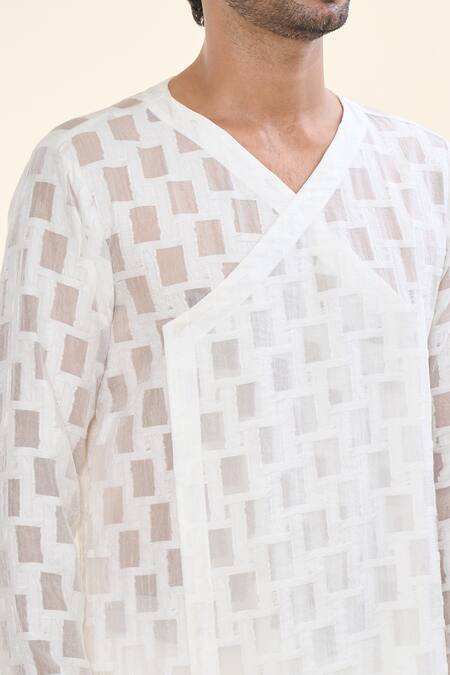 Prima Czar_White Viscose Blend Textures Geometric Angrakha Kurta_at_Aza_Fashions