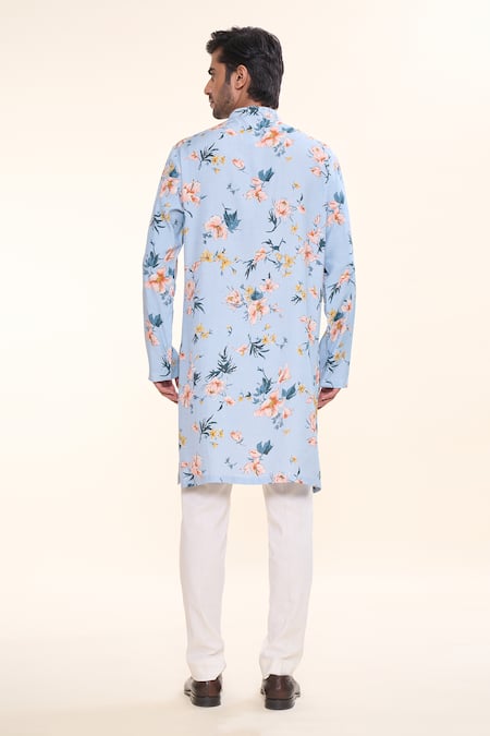 Shop_Prima Czar_Blue Rayon Print Floral Kurta_at_Aza_Fashions