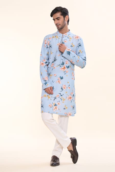 Prima Czar_Blue Rayon Print Floral Kurta_Online_at_Aza_Fashions