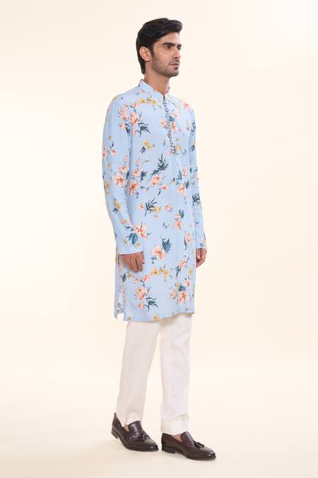 Shop_Prima Czar_Blue Rayon Print Floral Kurta_Online_at_Aza_Fashions