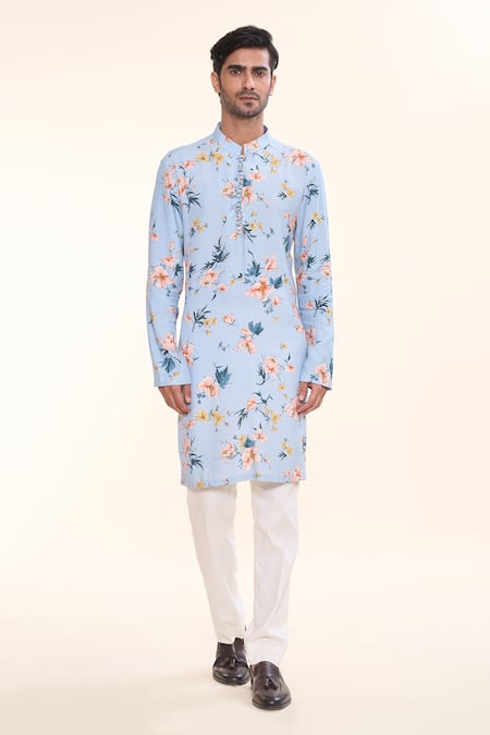 Prima Czar_Blue Rayon Print Floral Kurta_at_Aza_Fashions