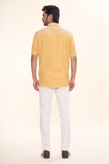 Shop_Prima Czar_Yellow Cotton Embroidery Patchwork Lapel Collar Shirt_at_Aza_Fashions