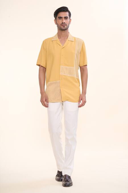 Prima Czar_Yellow Cotton Embroidery Patchwork Lapel Collar Shirt_Online_at_Aza_Fashions