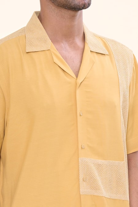 Shop_Prima Czar_Yellow Cotton Embroidery Patchwork Lapel Collar Shirt_Online_at_Aza_Fashions