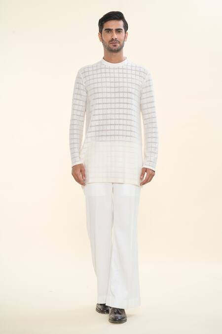 Prima Czar_Off White Net Textures Checks Short Kurta_Online_at_Aza_Fashions