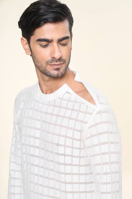 Buy_Prima Czar_Off White Net Textures Checks Short Kurta_Online_at_Aza_Fashions