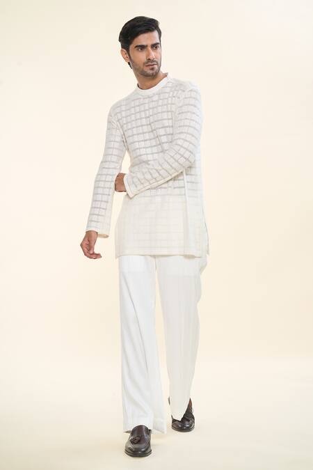 Shop_Prima Czar_Off White Net Textures Checks Short Kurta_Online_at_Aza_Fashions