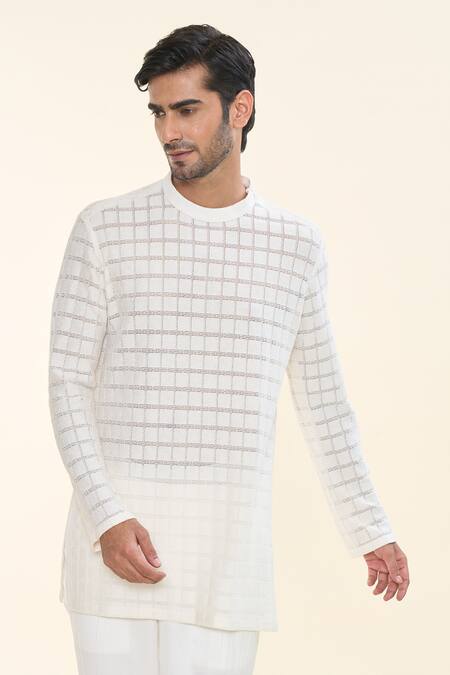 Prima Czar_Off White Net Textures Checks Short Kurta_at_Aza_Fashions