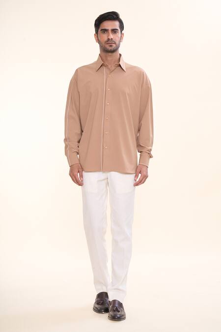 Prima Czar_Brown Cotton Embroidery Thread Oversized Shirt_Online_at_Aza_Fashions