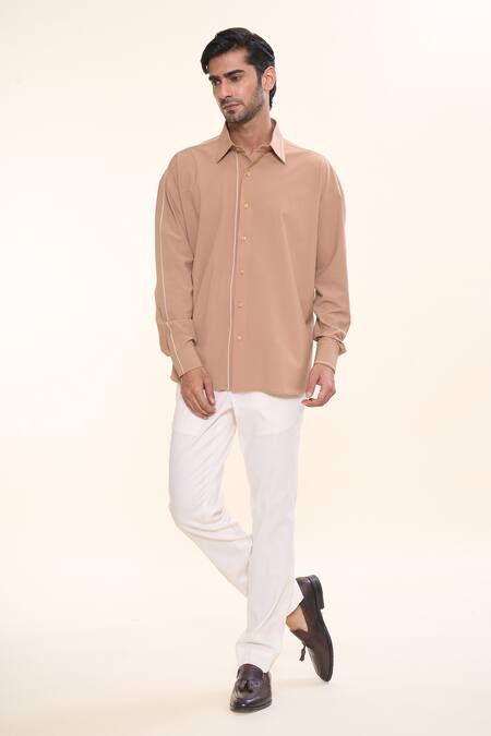 Buy_Prima Czar_Brown Cotton Embroidery Thread Oversized Shirt_Online_at_Aza_Fashions