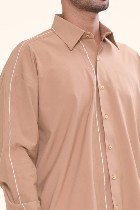 Shop_Prima Czar_Brown Cotton Embroidery Thread Oversized Shirt_Online_at_Aza_Fashions