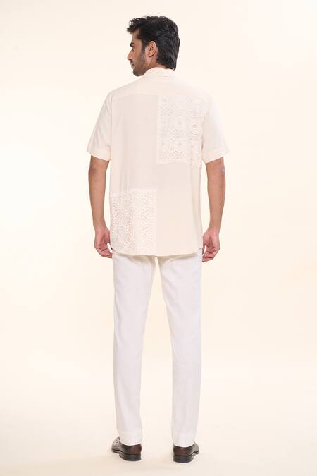 Shop_Prima Czar_Off White Cotton Embroidery Floral Patchwork Shirt_at_Aza_Fashions
