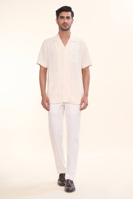 Prima Czar_Off White Cotton Embroidery Floral Patchwork Shirt_Online_at_Aza_Fashions