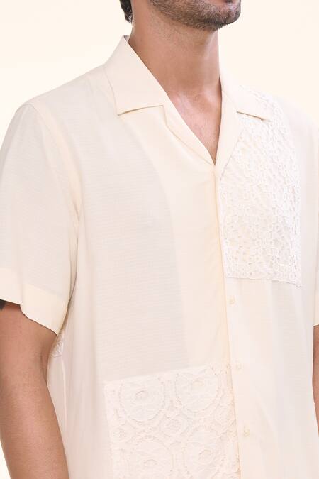 Shop_Prima Czar_Off White Cotton Embroidery Floral Patchwork Shirt_Online_at_Aza_Fashions