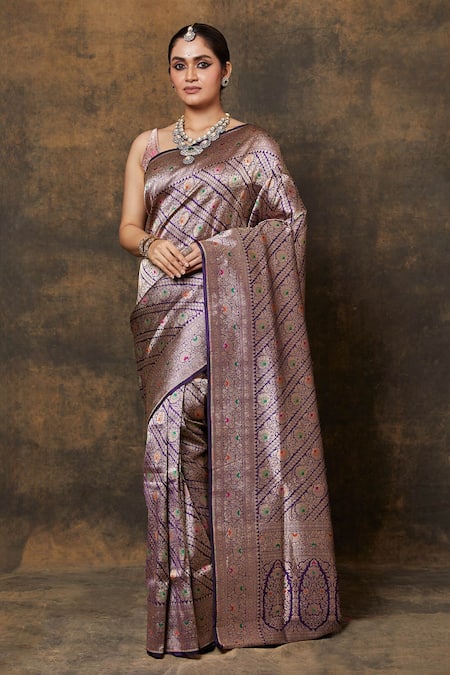 Pinki Sinha Floral Stripe Woven Saree With Running Blouse 