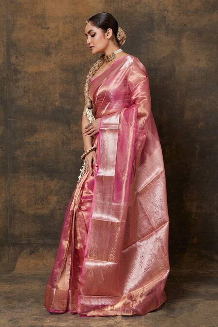 Vishwa By Pinki Sinha_Pink Tissue Embroidery Floral Border Woven Saree With Running Blouse_Online_at_Aza_Fashions