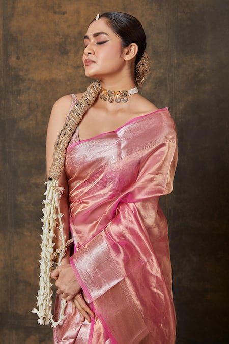 Buy_Vishwa By Pinki Sinha_Pink Tissue Embroidery Floral Border Woven Saree With Running Blouse_Online_at_Aza_Fashions