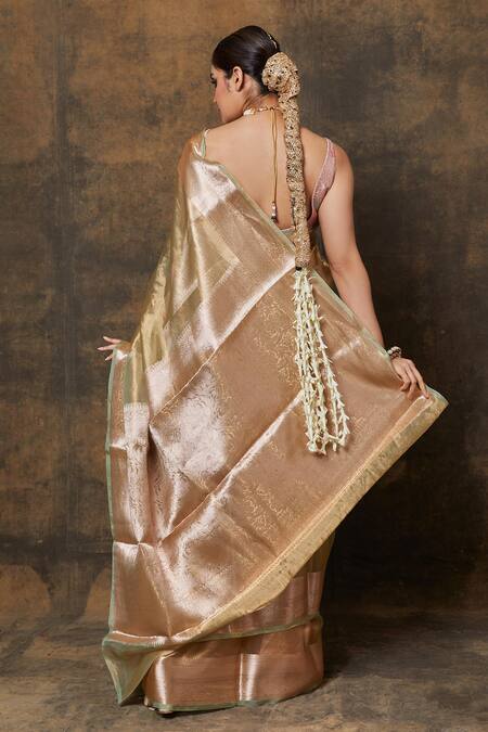 Shop Vishwa By Pinki Sinha Green Tissue Embroidery Florette Border Woven Saree With Running Blouse at Aza Fashions Shop_Vishwa By Pinki Sinha_Green Tissue Embroidery Florette Border Woven Saree With Running Blouse_at_Aza_Fashions