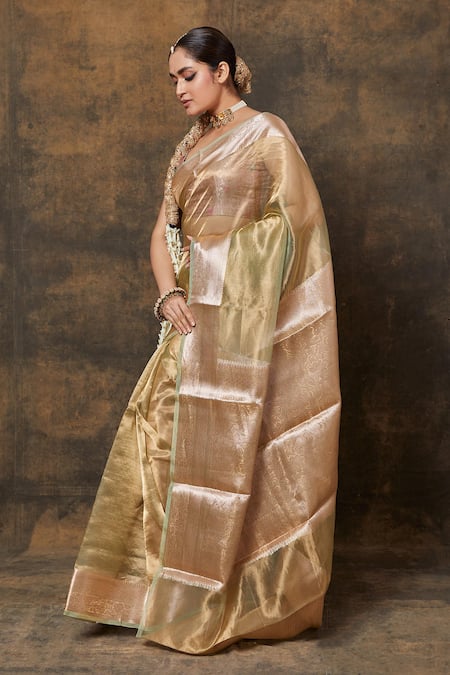 Vishwa By Pinki Sinha Green Tissue Embroidery Florette Border Woven Saree With Running Blouse Online at Aza Fashions Vishwa By Pinki Sinha_Green Tissue Embroidery Florette Border Woven Saree With Running Blouse_Online_at_Aza_Fashions