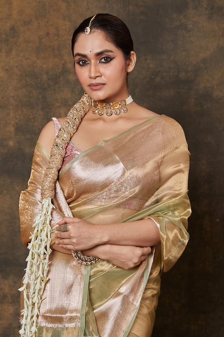 Shop Vishwa By Pinki Sinha Green Tissue Embroidery Florette Border Woven Saree With Running Blouse Online at Aza Fashions Shop_Vishwa By Pinki Sinha_Green Tissue Embroidery Florette Border Woven Saree With Running Blouse_Online_at_Aza_Fashions