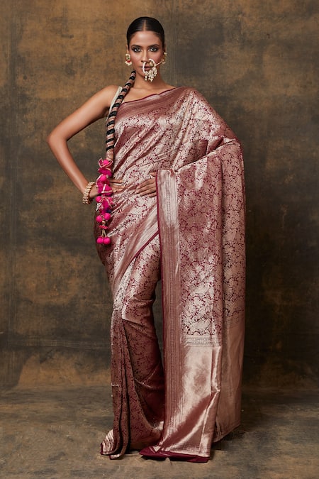 VISHWA BY PINKI SINHA Wine Banarasi Pure Silk Handwoven Shikargarh Jaal Saree With Running Blouse 