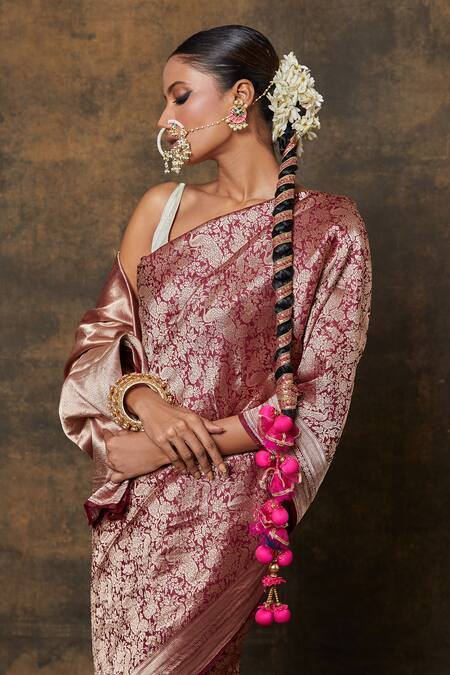 Vishwa By Pinki Sinha_Wine Silk Embroidery Shikargarh Jaal Woven Saree With Running Blouse_Online_at_Aza_Fashions