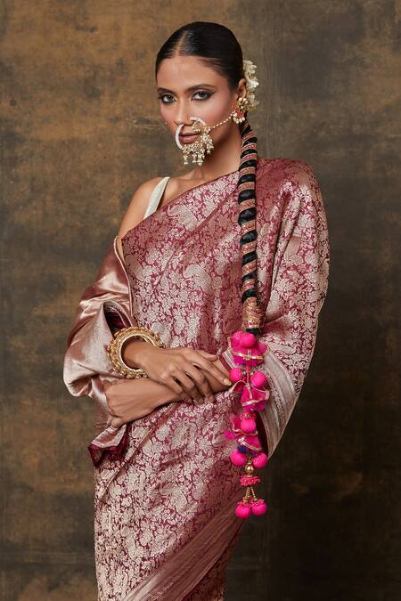 Buy_Vishwa By Pinki Sinha_Wine Silk Embroidery Shikargarh Jaal Woven Saree With Running Blouse_Online_at_Aza_Fashions