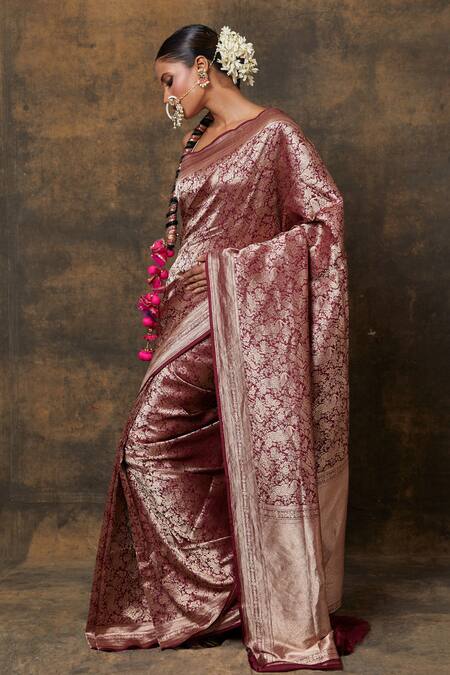 Shop_Vishwa By Pinki Sinha_Wine Silk Embroidery Shikargarh Jaal Woven Saree With Running Blouse_Online_at_Aza_Fashions