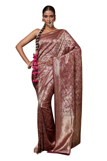 Vishwa By Pinki Sinha_Wine Silk Embroidery Shikargarh Jaal Woven Saree With Running Blouse_at_Aza_Fashions