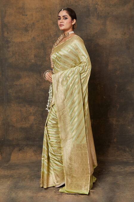 Buy_Vishwa By Pinki Sinha_Green Silk, Brocade Embroidery Flower Stripe Woven Saree With Running Blouse_Online_at_Aza_Fashions