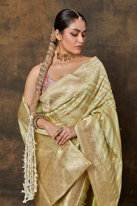 Buy_Vishwa By Pinki Sinha_Green Silk, Brocade Embroidery Flower Stripe Woven Saree With Running Blouse