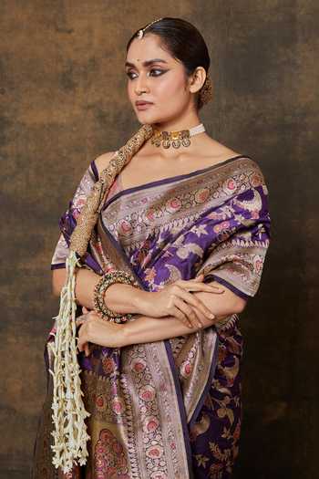 Vishwa By Pinki Sinha_Purple Silk, Brocade Embroidery Garden Woven Saree With Running Blouse_Online_at_Aza_Fashions