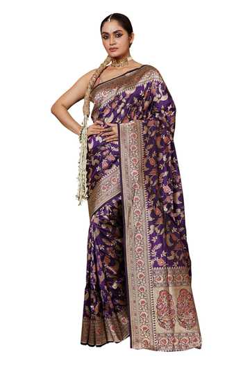 Buy_Vishwa By Pinki Sinha_Purple Silk, Brocade Embroidery Garden Woven Saree With Running Blouse_Online_at_Aza_Fashions