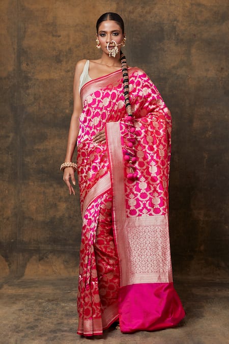 VISHWA BY PINKI SINHA Pink Banarasi Pure Silk Handwoven Flower Jaal Saree With Running Blouse 