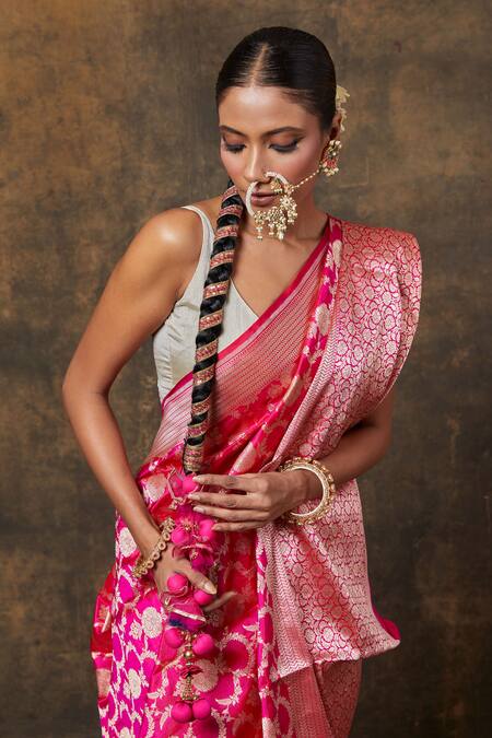 Buy_Vishwa By Pinki Sinha_Pink Silk Embroidery Flower Jaal Woven Saree With Running Blouse_Online_at_Aza_Fashions