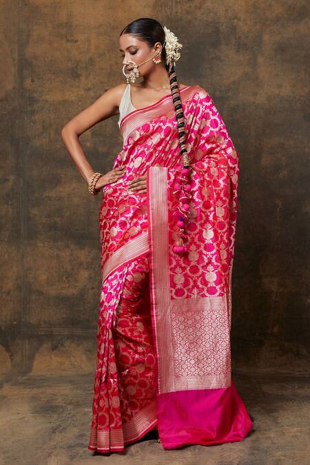 Shop_Vishwa By Pinki Sinha_Pink Silk Embroidery Flower Jaal Woven Saree With Running Blouse_Online_at_Aza_Fashions