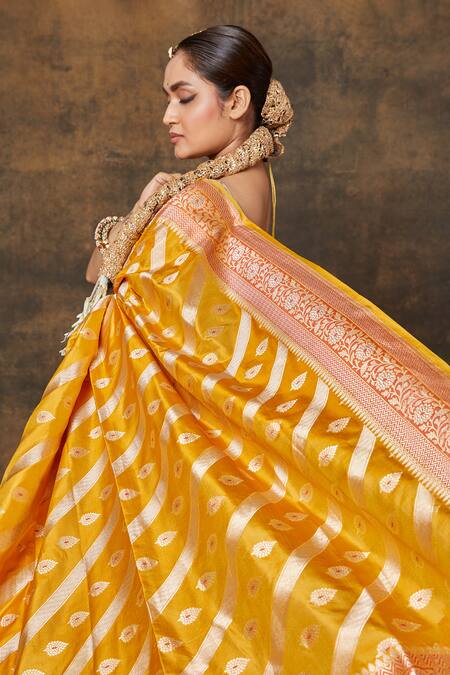 Vishwa By Pinki Sinha_Yellow , Chanderi Embroidery Leaf Woven Saree With Running Blouse_Online_at_Aza_Fashions